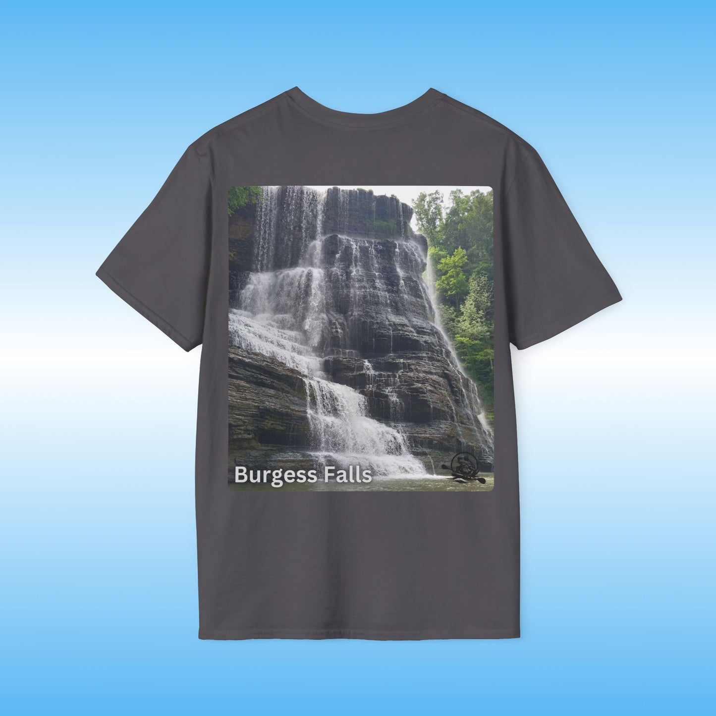 Gray t-shirt with a waterfall graphic and 'Burgess Falls' text on a blue background