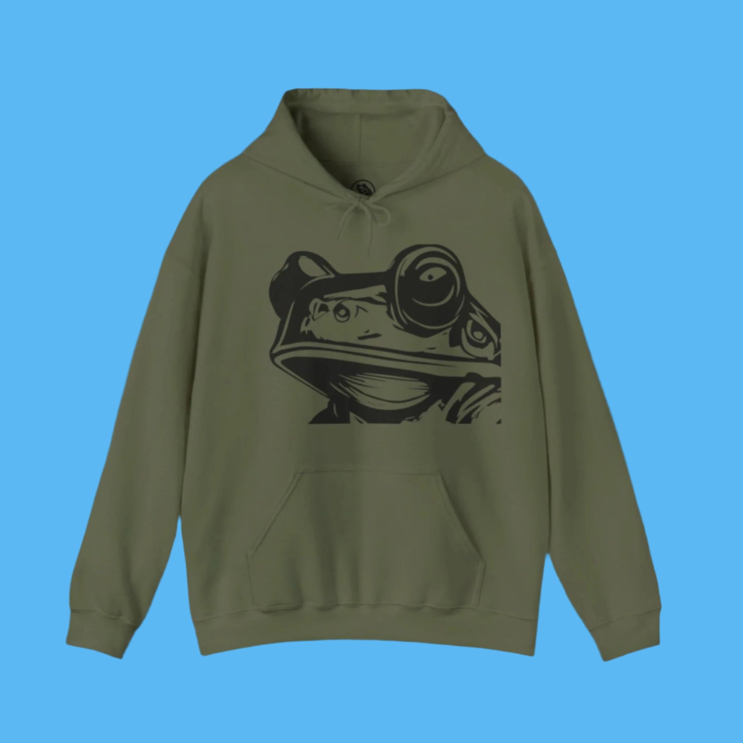 Green hoodie with Paddle Frogs Frog face on the front, Bill on the back