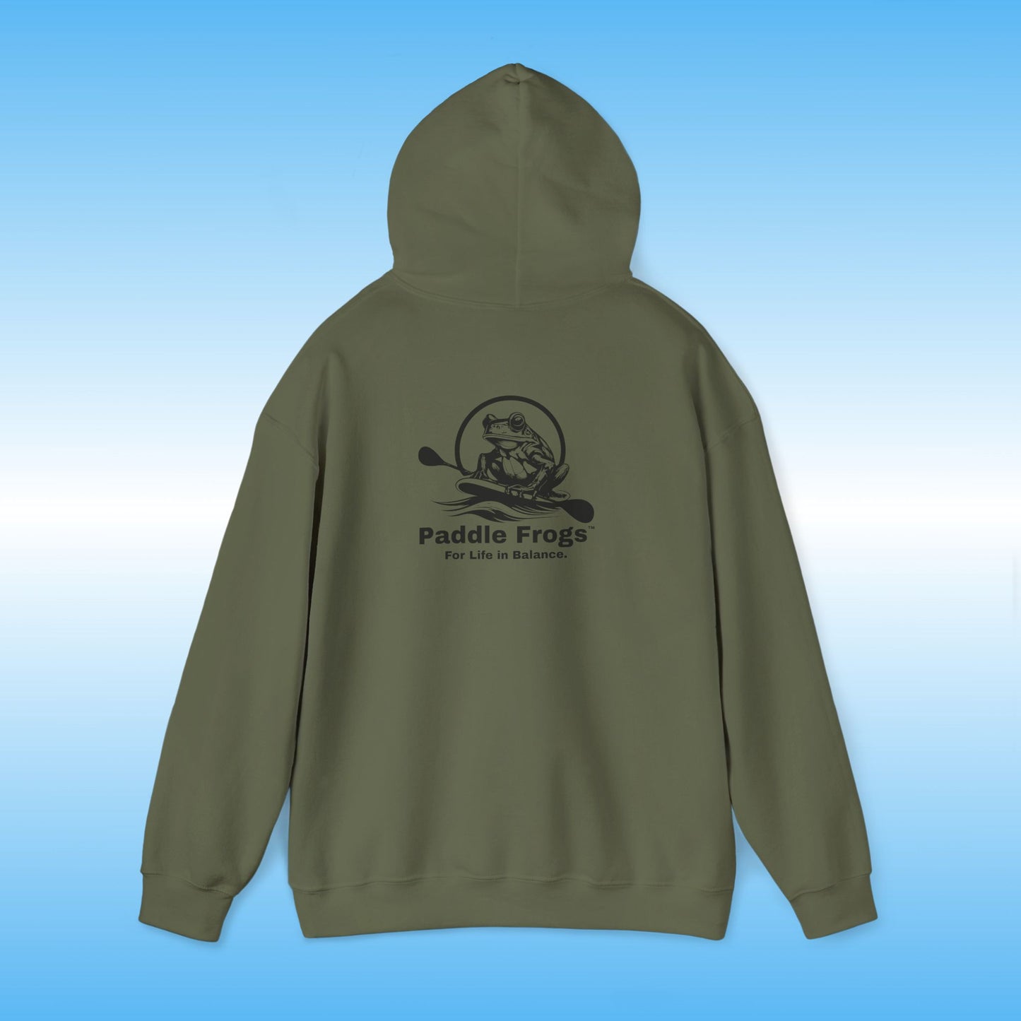 Green hoodie with 'Paddle Frogs' logo on a blue gradient background Heather Gray Original frog on a paddle board with a double bladed paddle For Life in Balance.