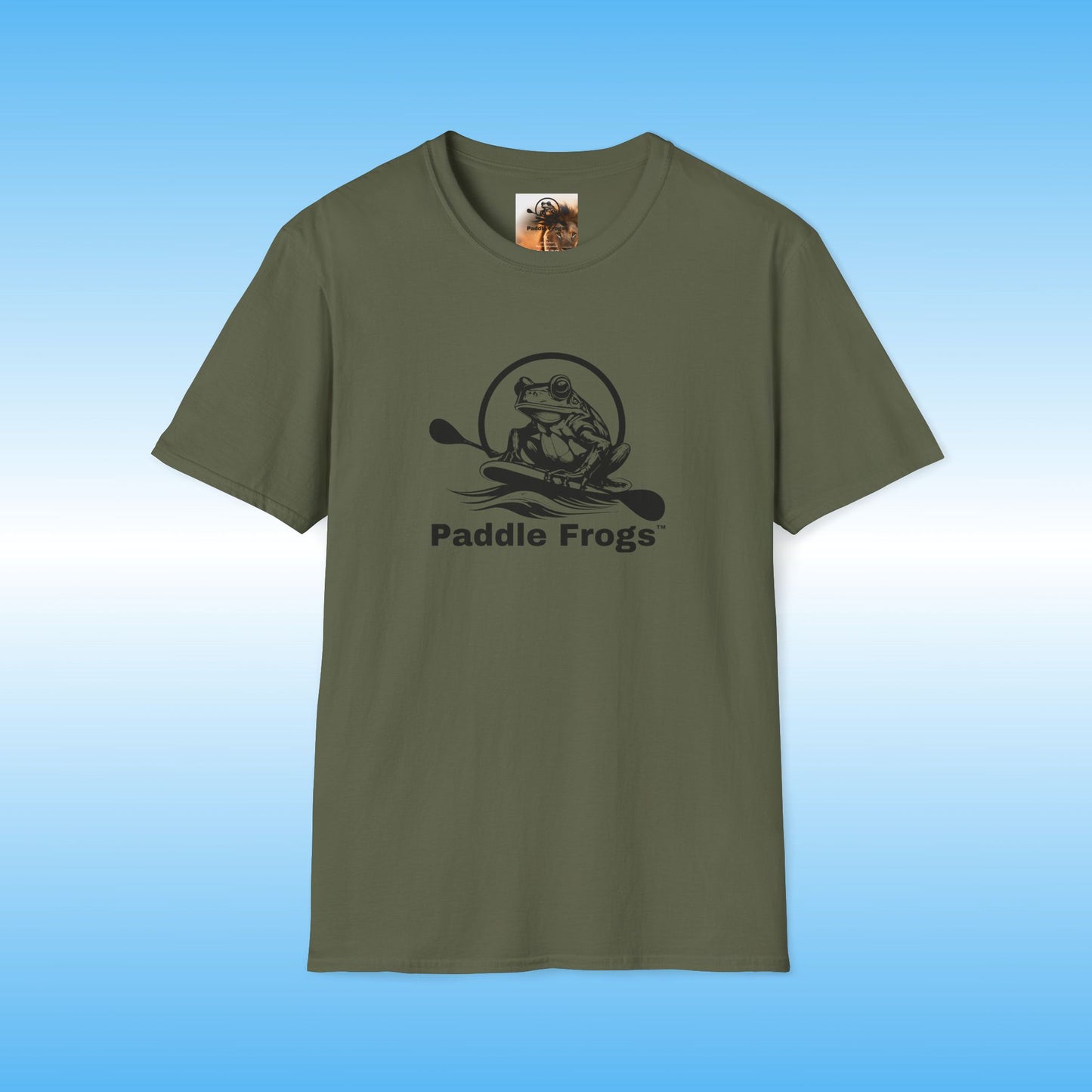 Green t-shirt with 'Paddle Frogs' logo on a blue background