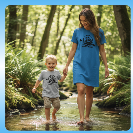 Grey toddler Paddle Frogs Tee and Ladies blue Paddle Frogs t-shirt dress