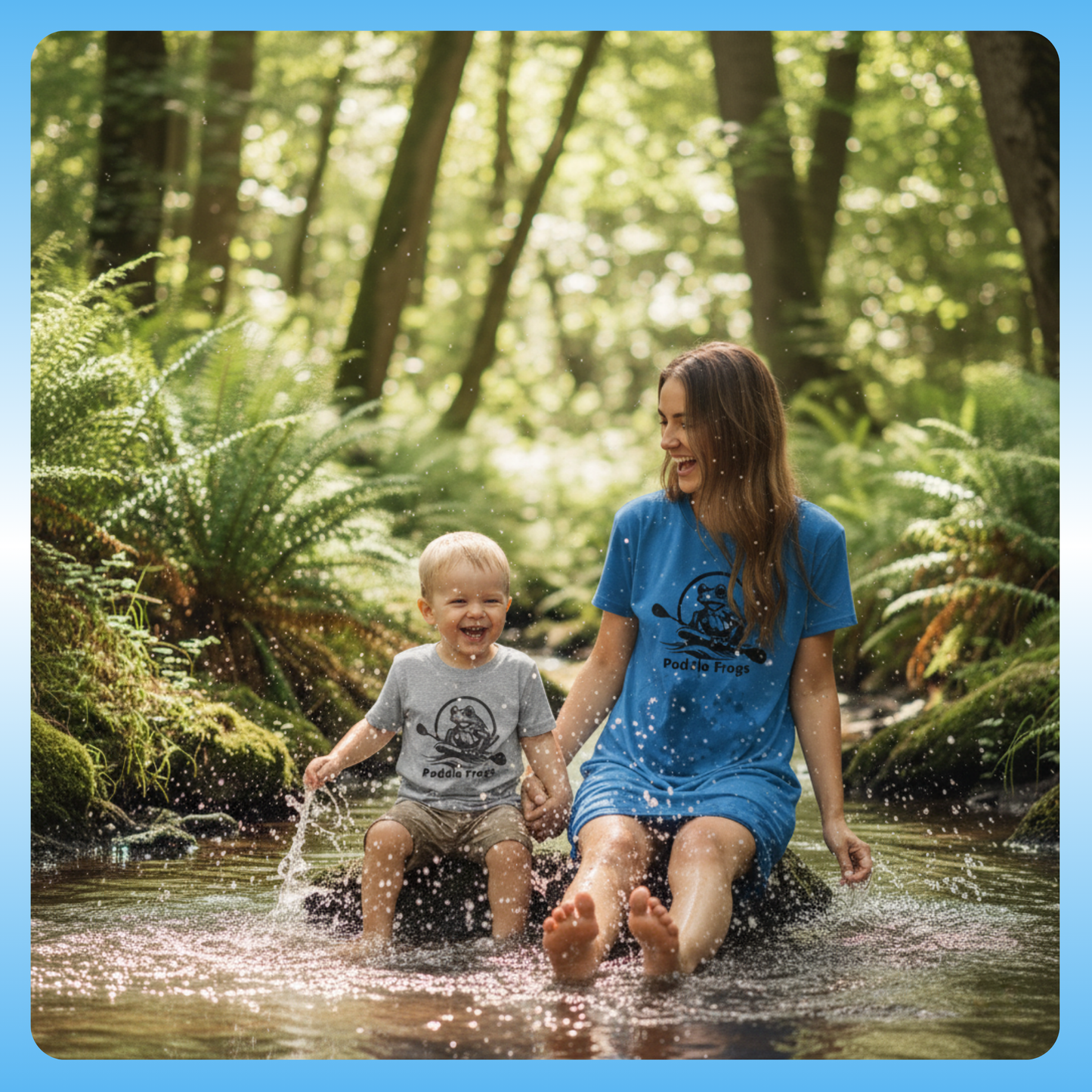 Grey toddler Paddle Frogs Tee and Ladies blue Paddle Frogs t-shirt dress Woman and child walking through a stream in a forest