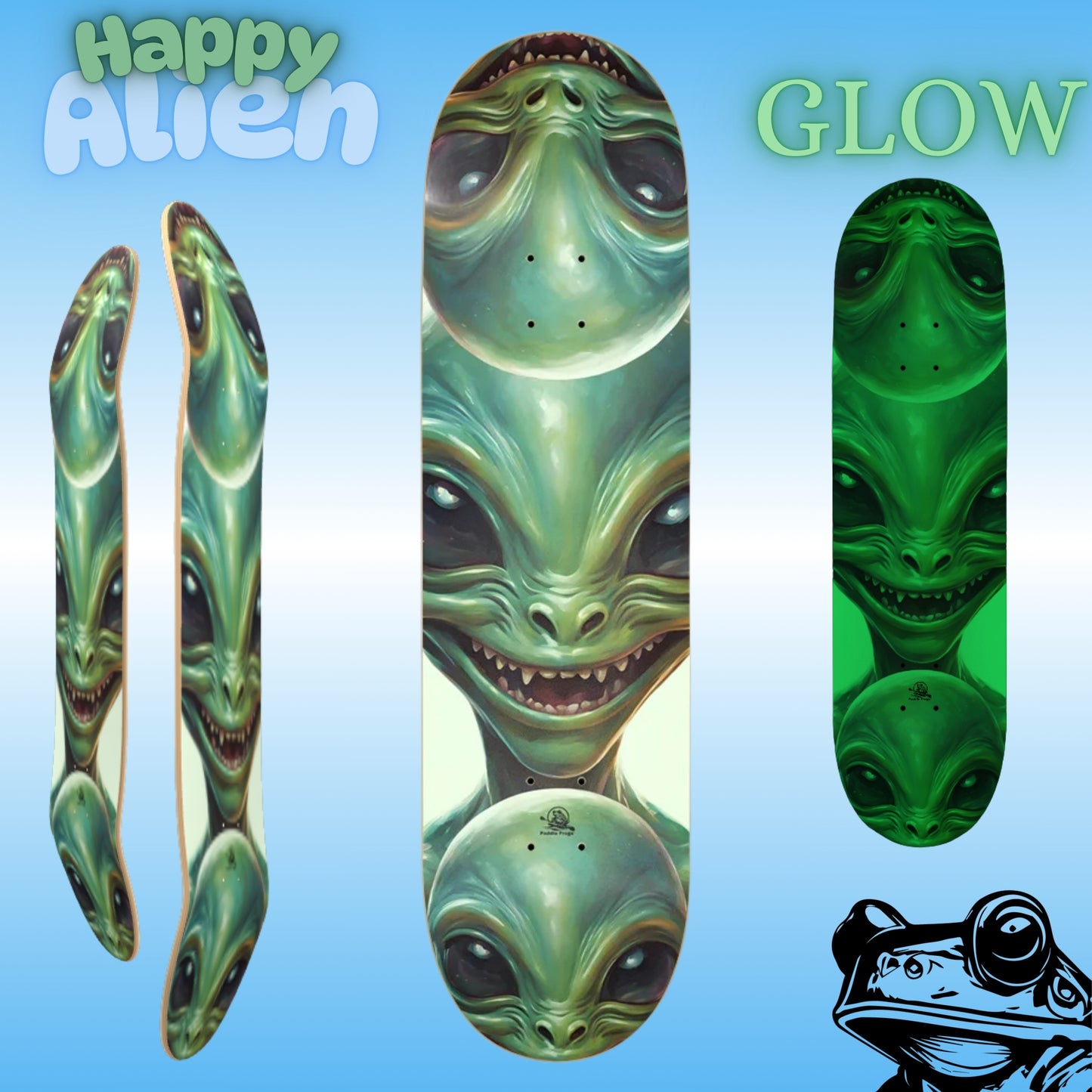 Skateboard deck with alien design on a blue background, featuring the brand 'Paddle Frogs' Happy Alien skateboard deck.