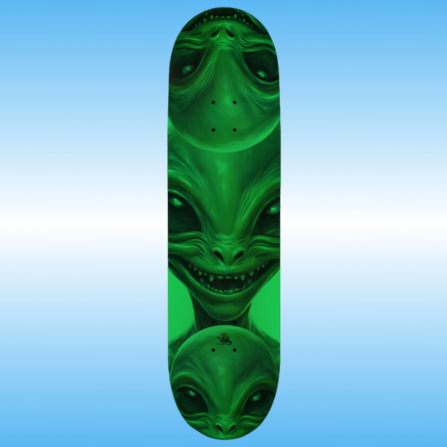 Professional glow in the dark Skateboard deck with green alien design on a blue gradient background