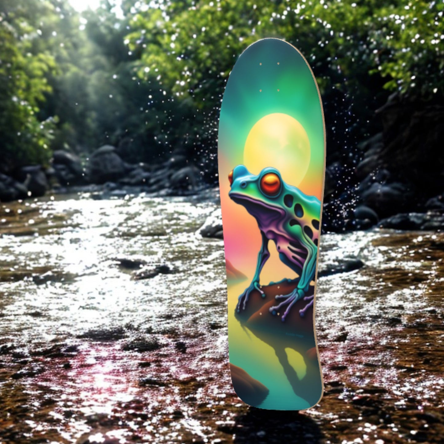 Hot Melt - Makes it to the cool water creek - stay hydrated - Classic Paddle Frogs Skateboard | Colorful skateboard with a frog design by a stream