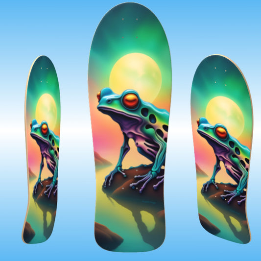 Hot Melt - The heat of the day can melt a frog, stay hydrated | Three colorful skateboard decks with a frog design on a blue gradient background