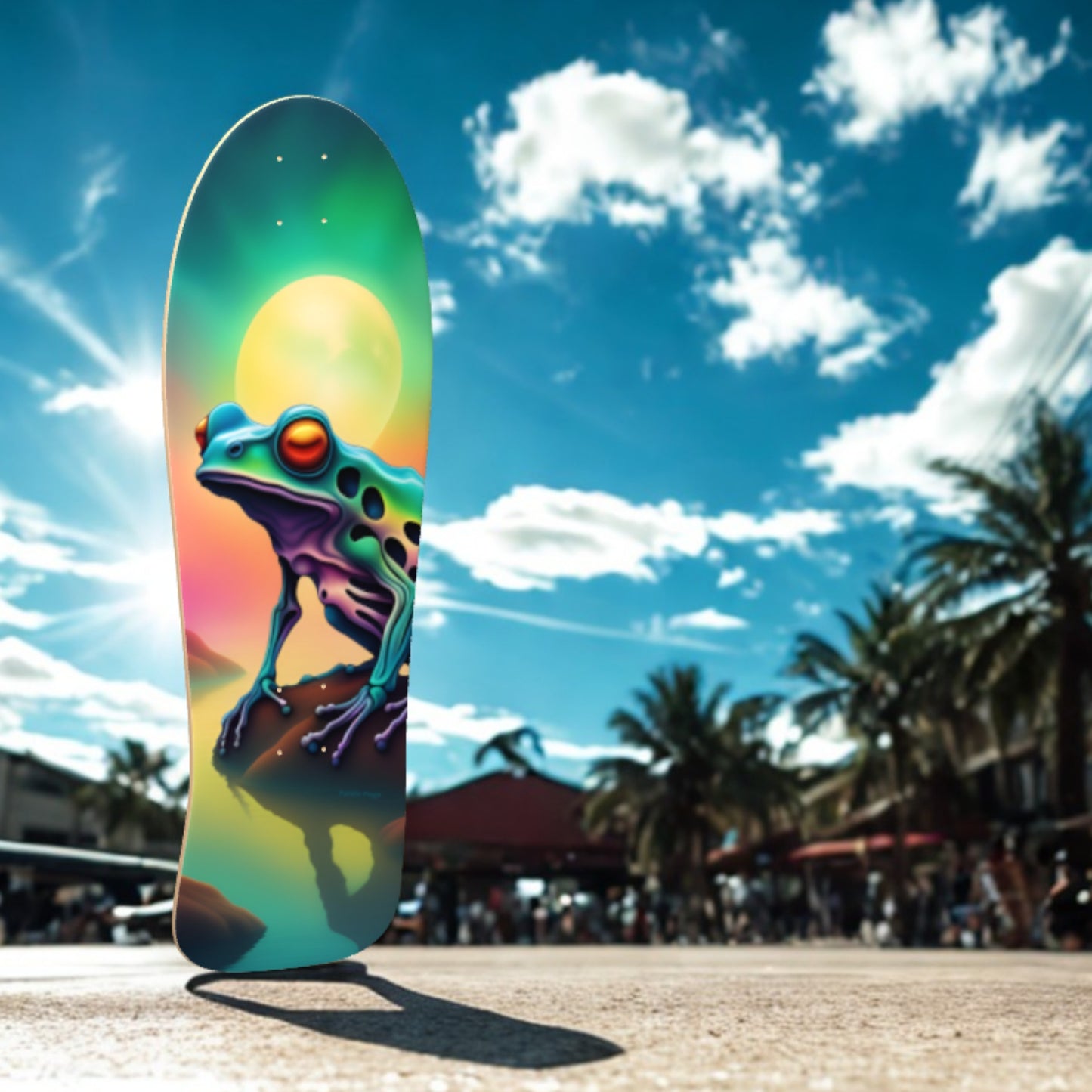 Hot Melt - The heat of the day can melt a frog, stay hydrated - Classic Paddle Frogs Skateboard at the shops by the beach