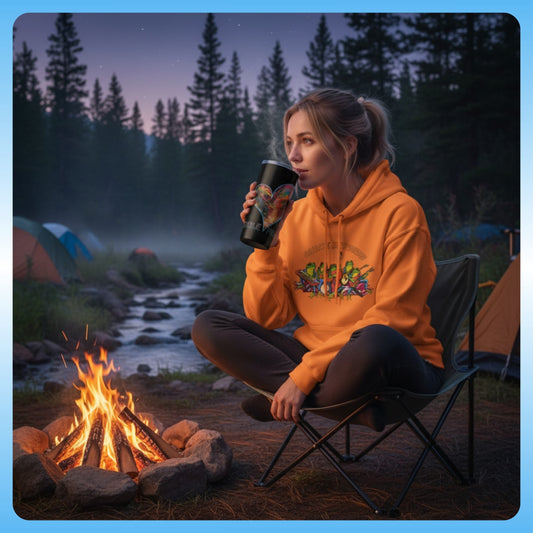 I love Autumn Trail - Paddle Frogs™ 20oz Tumbler & Woman in orange Galactic Mindbender hoodie sitting by a campfire in a forest setting