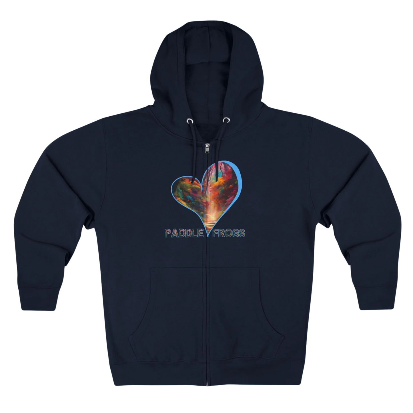 I love Autumn Trail | Full Zip Hoodie Navy blue with a colorful heart design and 'Paddle Frogs' text on a white background
