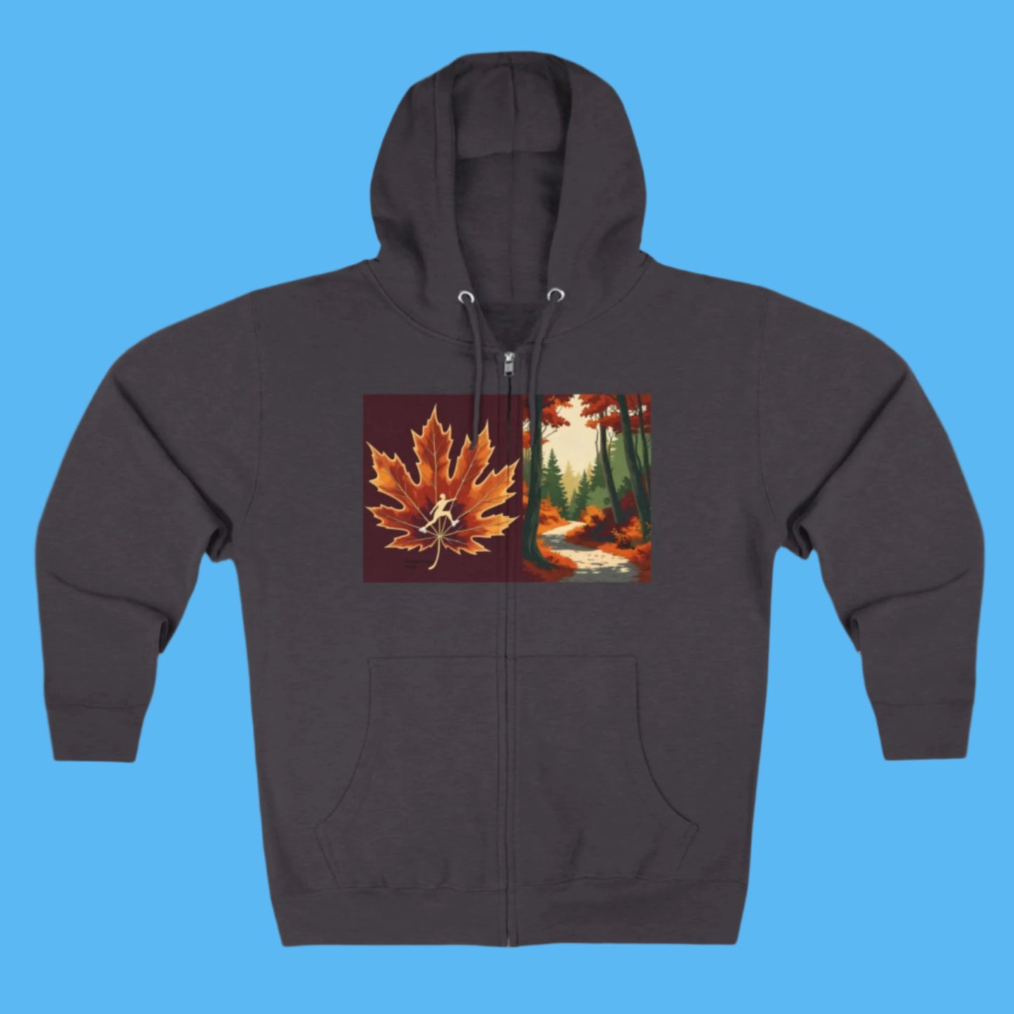 Ice Skate (Paddle Frogs) Dark Gray Zipper hoodie with a maple leaf and forest design on a white background Dark gray hoodie with a leaf and forest design on a white background