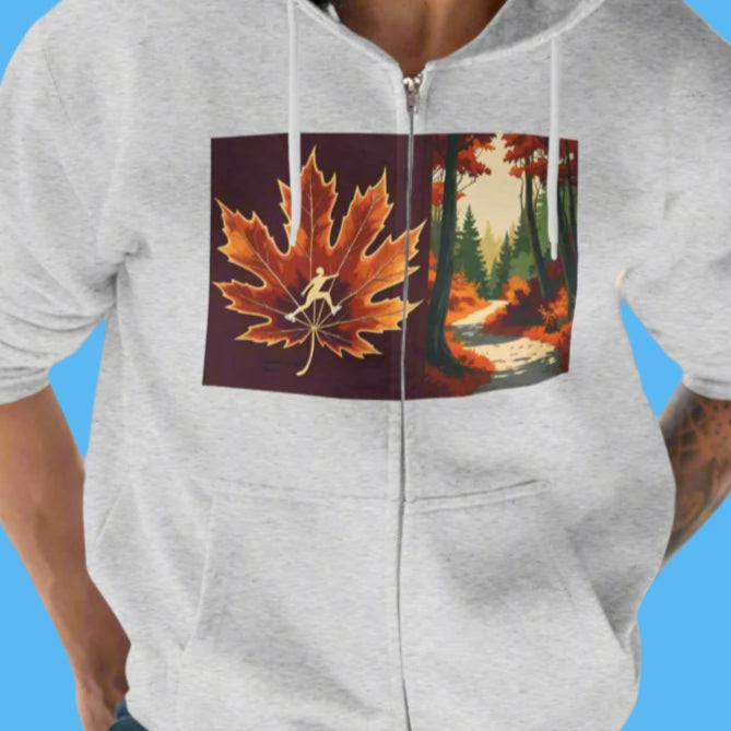 Ice Skater zipper hooded jacket by Paddle Frogs Outdoor Gear. Man wearing a gray hoodie with a nature-theme of the Autumn Season from the Autumn Trail story of the Paddle Frogs crew.