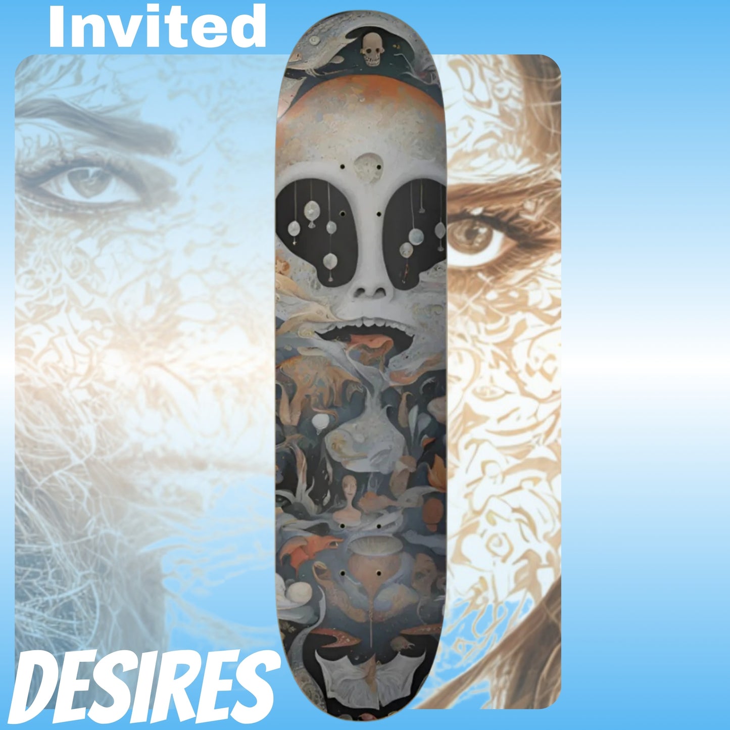 Invited Desires | Paddle Frogs Pro Skate Shop | Skateboard deck with artistic design of a face, surrounded by abstract patterns on a blue gradient background.