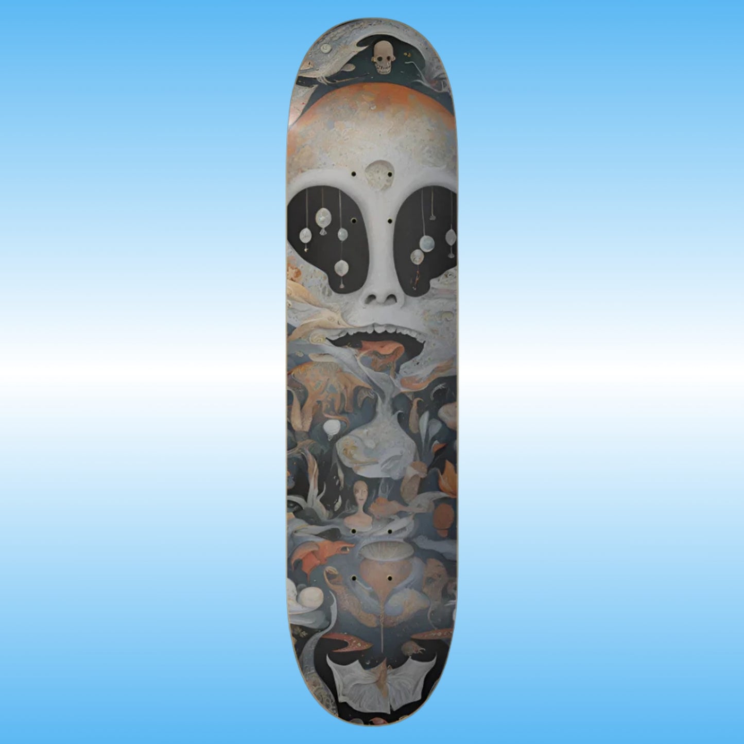 Invited Desires | Paddle Frogs pro skateboard deck Skateboard deck with a skull and abstract design on a blue gradient background