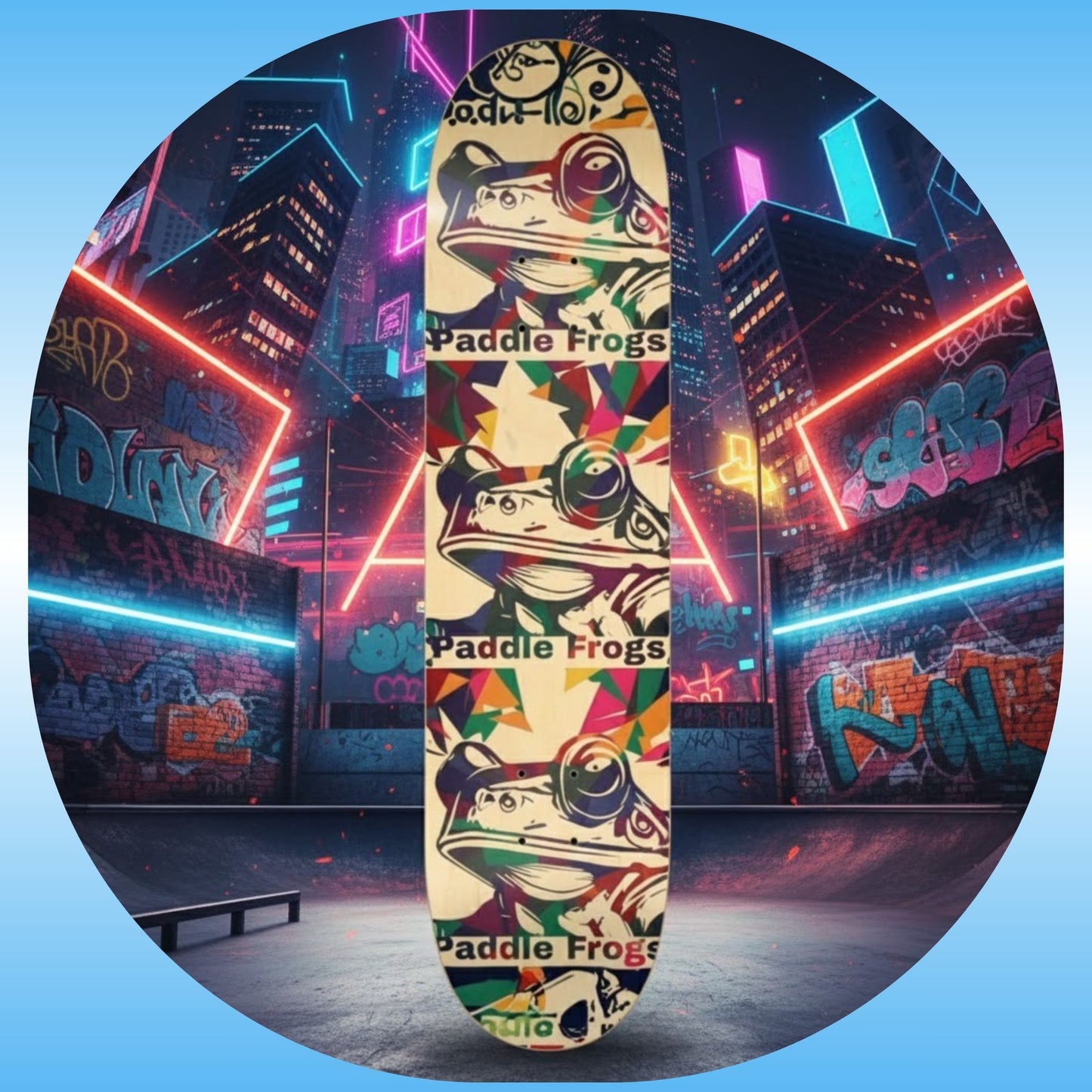 Colorful skateboard with 'Paddle Frogs' design against a vibrant, neon-lit cityscape background.