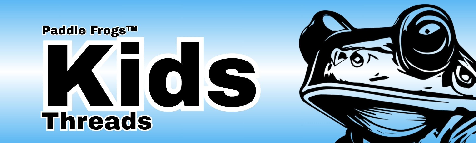 Logo for Paddle Frogs Kids Threads with a frog character on a blue background