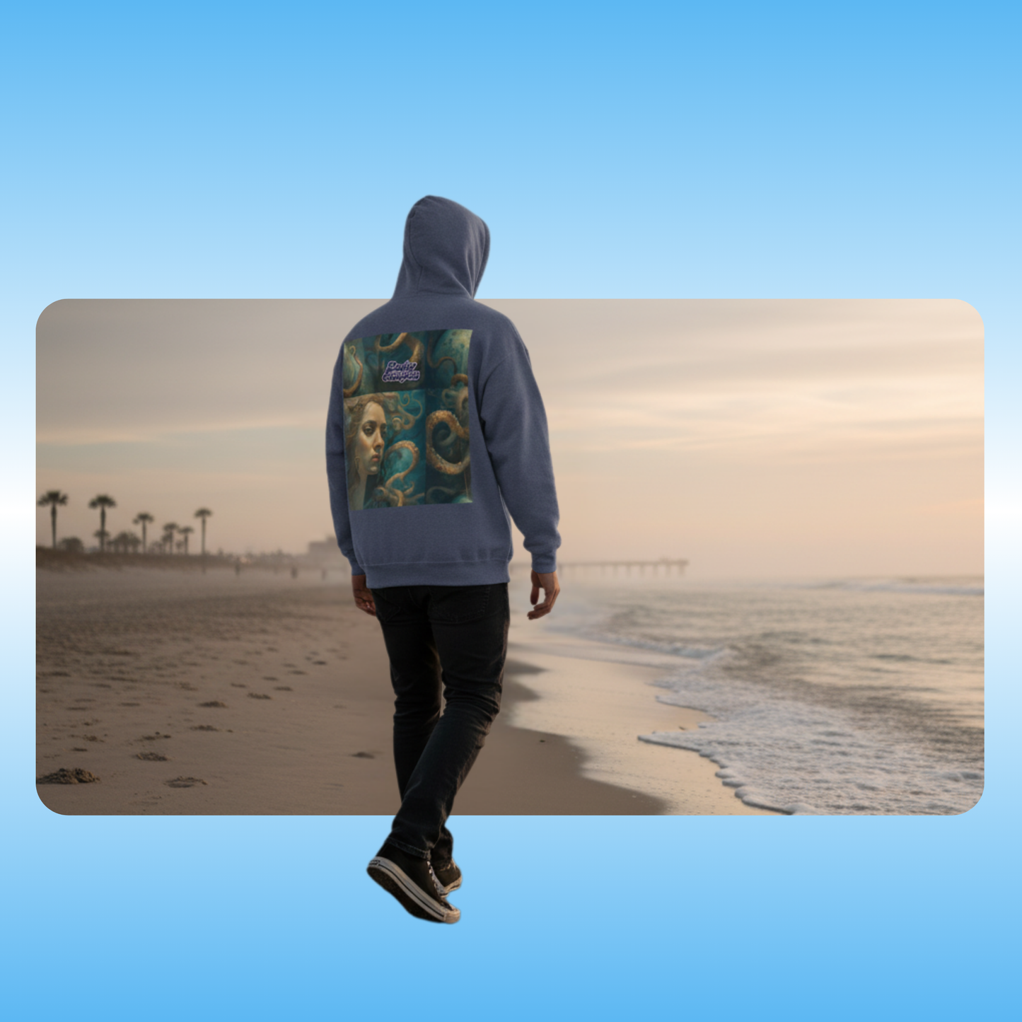 Lady Octopus | Hoodie Sweatshirt | Paddle Frogs | Person wearing a hoodie with a graphic design on the beach
