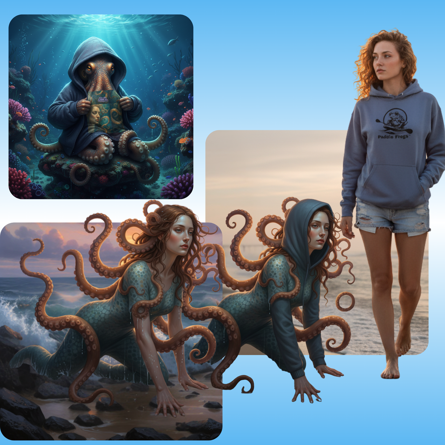 Lady Octopus | Hoodie Sweatshirt | Paddle Frogs | Shape shifting | Person wearing a hoodie with a design of a woman and octopus on a beach, surrounded by fantasy-themed artwork.