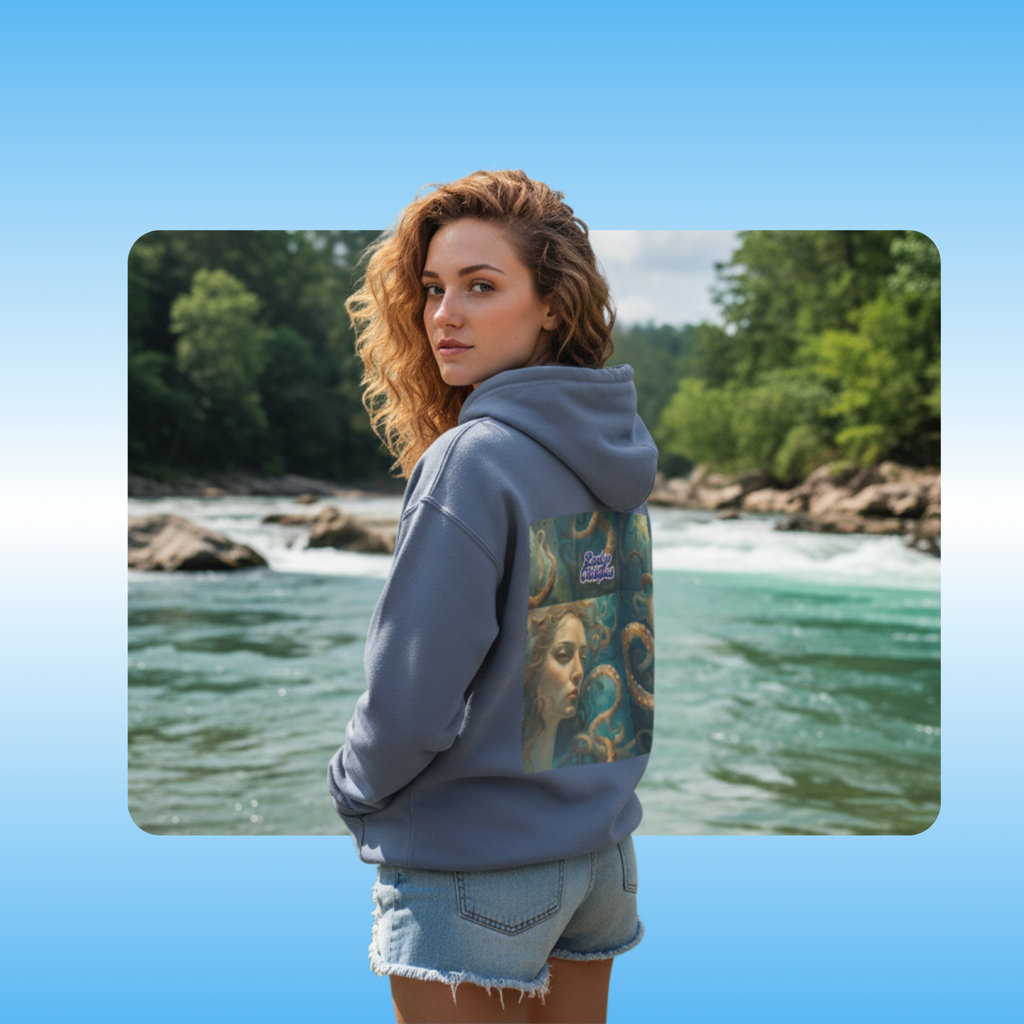 Lady Octopus Hoodie at Ocoee River in Tennessee | Woman wearing a hoodie with a nature-themed design by a river