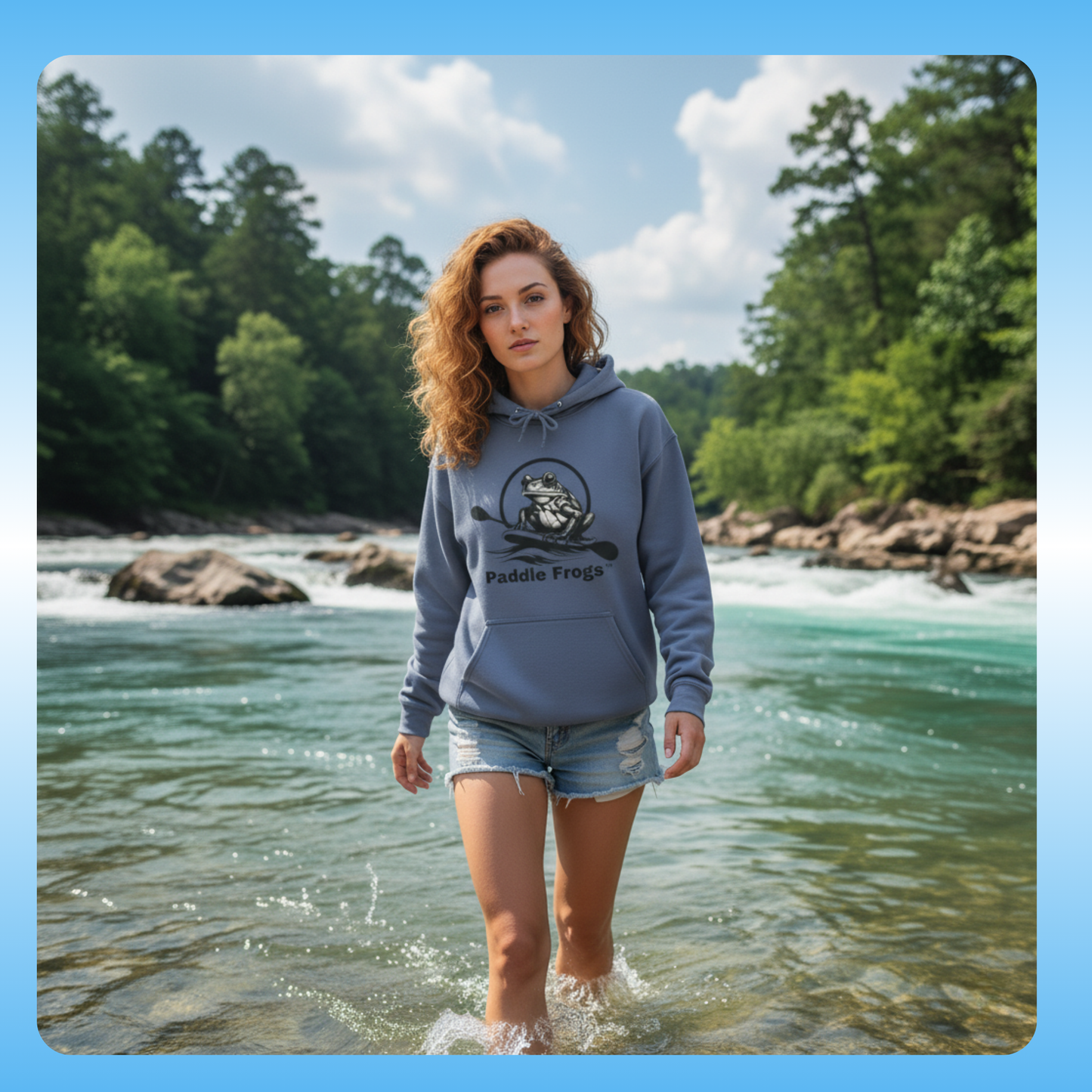 Lady Octopus Hoodie walking in the Ocoee River in Tennessee | Woman wearing a hoodie with a logo standing in a river surrounded by trees