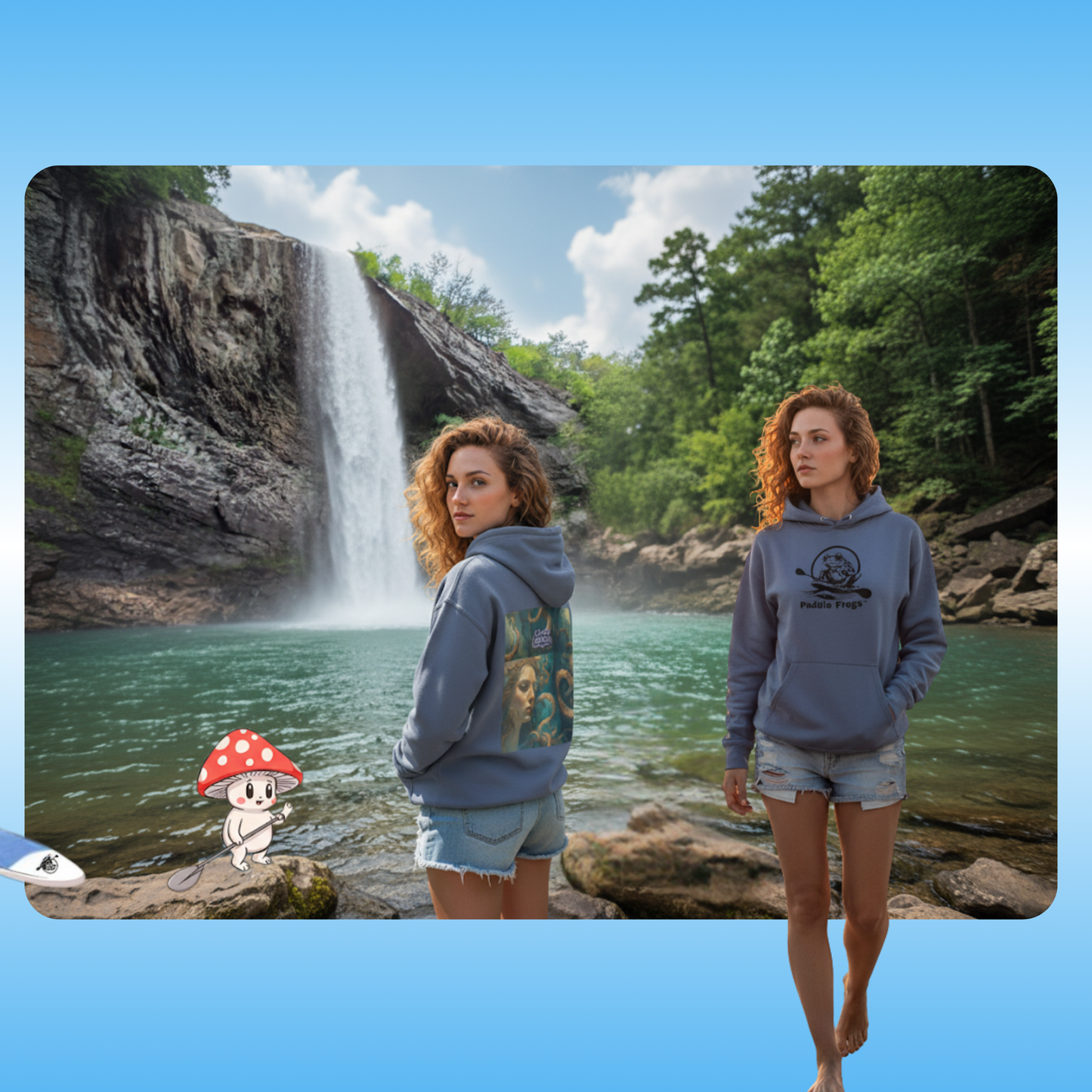 Lady Octopus Hoodie walking in the Ocoee River in Tennessee Two women standing by a waterfall with a cartoon character in the corner.