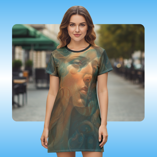 Lady Octopus T-Shirt Dress | Paddle Frogs™ | Woman wearing a dress with a face design on a blue background