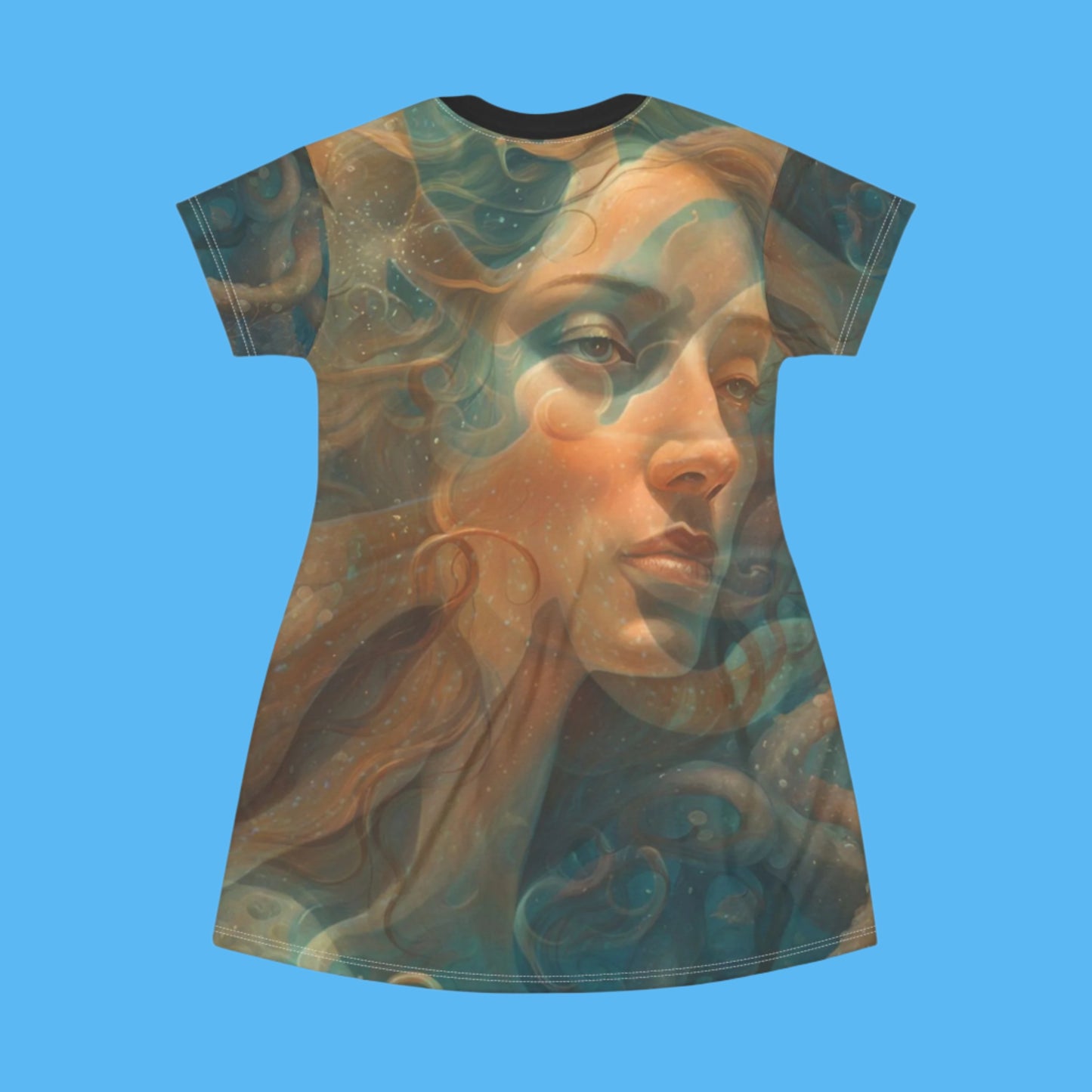 Lady Octopus T-shirt Dress | Cute, comfortable, quick drying, Perfect for all occasions | Image is the dress laid flat to show you the art of the Paddle Frogs original Lady Octopus artwork