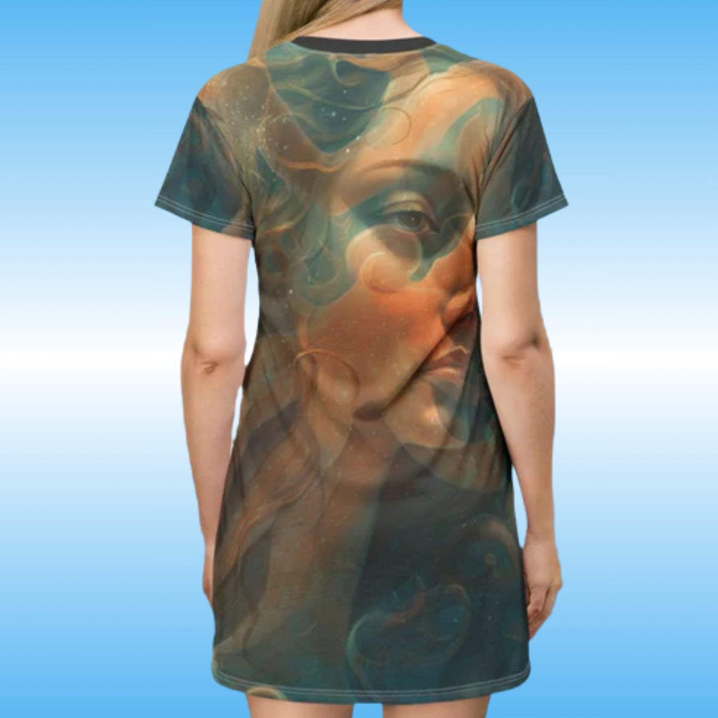 Lady Octopus T-shirt dress | Long Tee by Paddle Frogs (backside) | T-shirt with artistic design of a face on a blue background