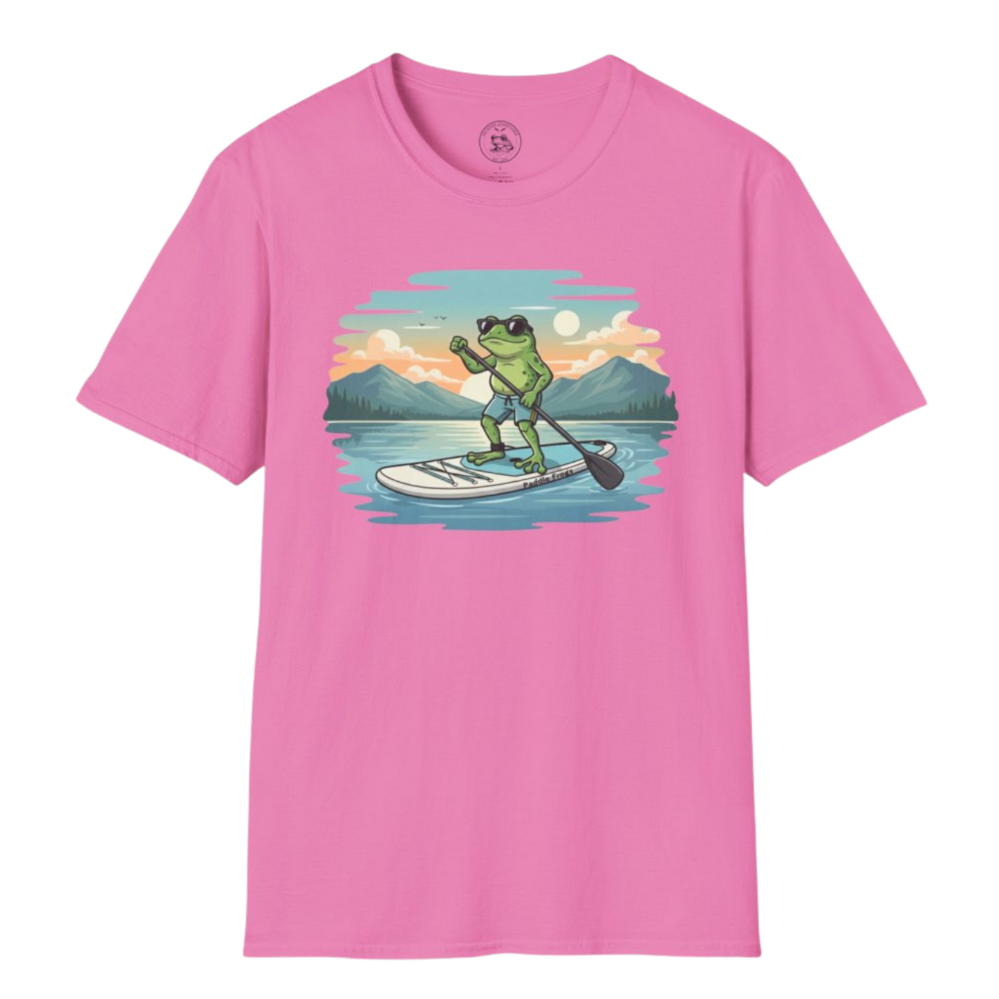 T-shirt with a graphic of a frog paddleboarding on a lake by Paddle Frogs™ Azalea Pink on a transparent background