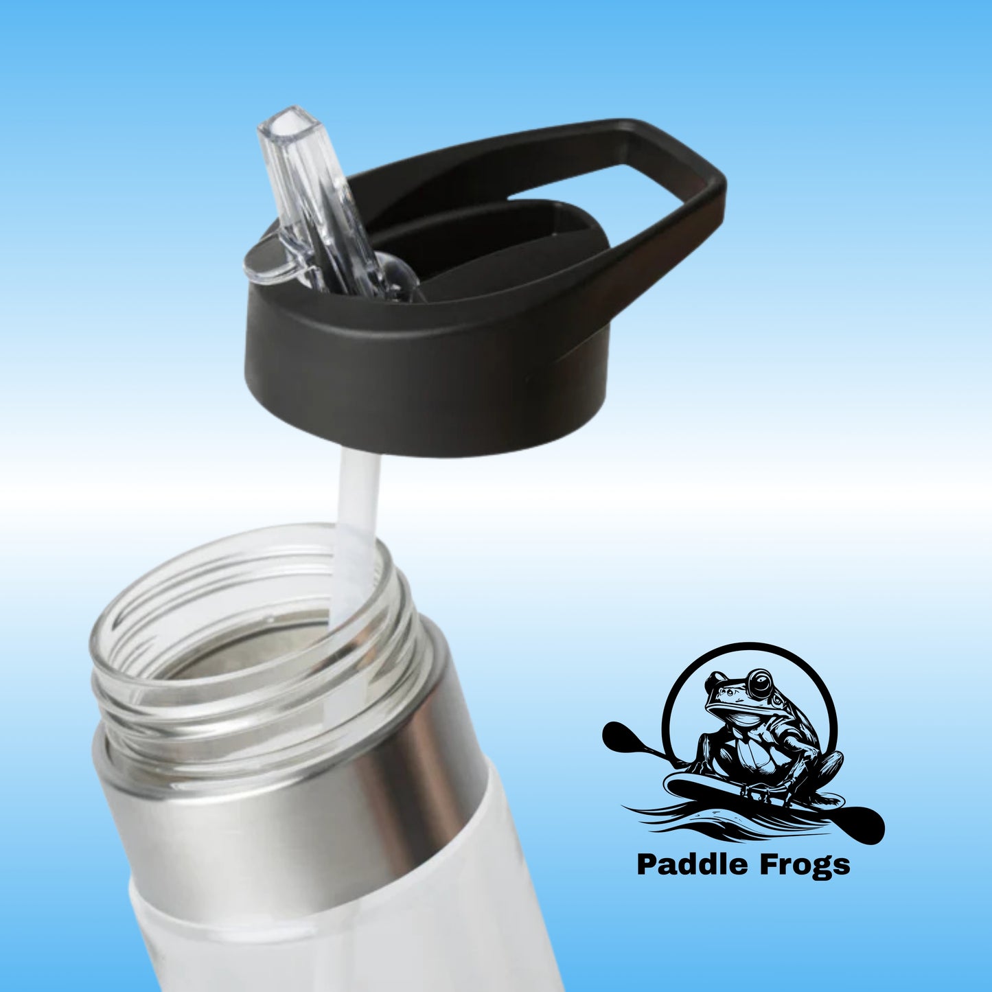 Lid and straw on Paddle Frogs crystal clear water bottles