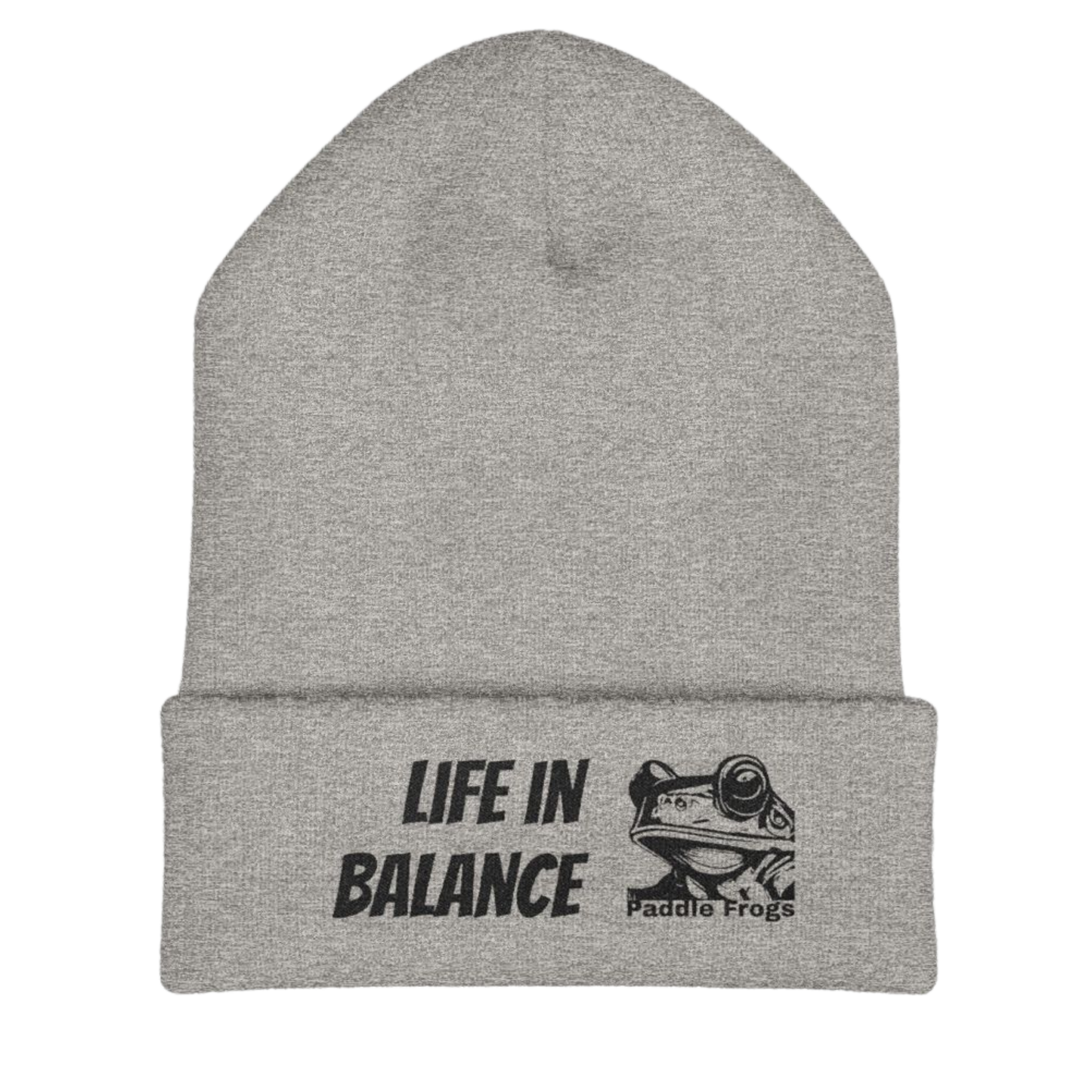 Gray beanie with 'Life in Balance' and Paddle Frogs logo on a transparent background