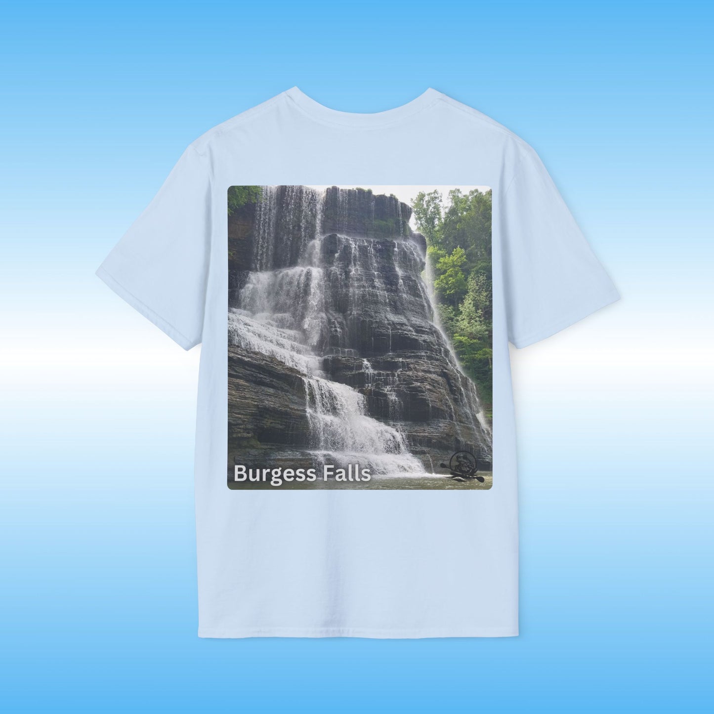 Light Blue t-shirt with a waterfall photograph and 'Burgess Falls' text on a blue background