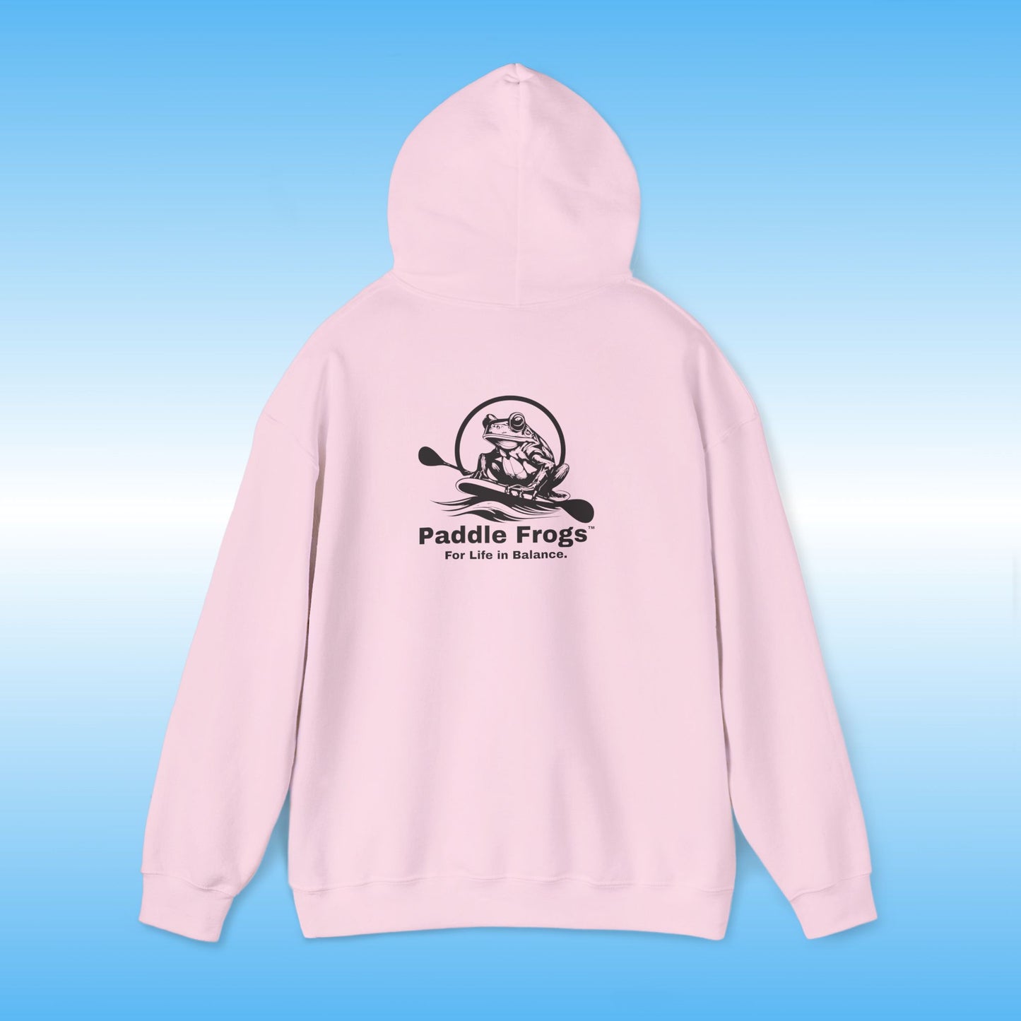 Light Pink hoodie with 'Paddle Frogs' logo on a blue gradient background Heather Gray Original frog on a paddle board with a double bladed paddle For Life in Balance.