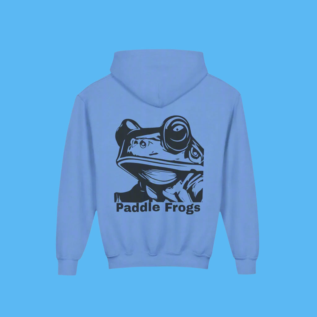 Light blue hoodie with a graphic of Paddle Frogs Frog and the text 'Paddle Frogs' on the back.