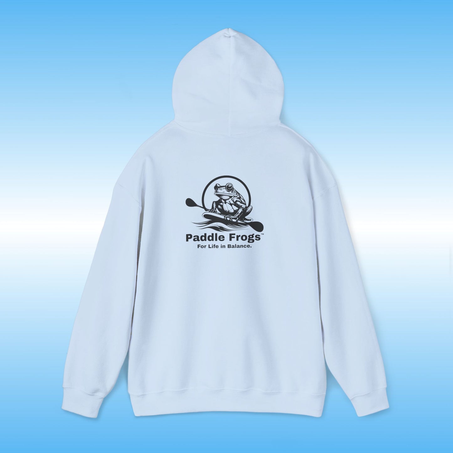 Light sky blue hoodie with 'Paddle Frogs' logo on a blue gradient background Heather Gray Original frog on a paddle board with a double bladed paddle For Life in Balance.