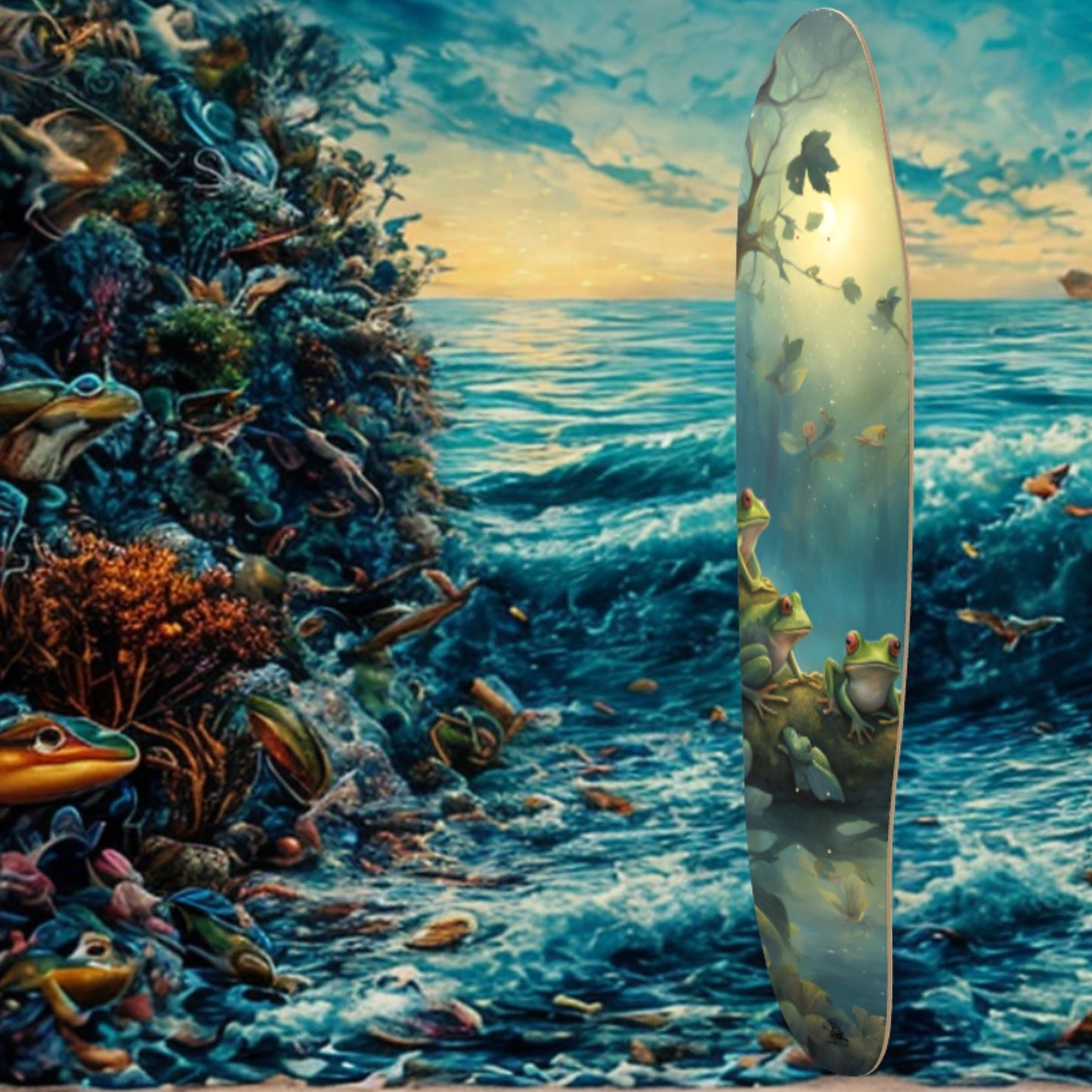 Living in Frog Paradise - at the sea - Paddle Frogs | Skateboard with frog design on a background of ocean and coral reef