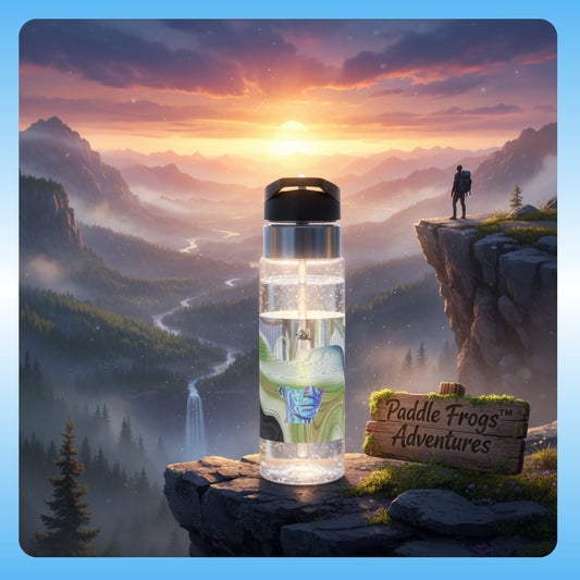 Lost | Crystal Clear Water Bottle | Paddle Frogs Outdoor Gear Clear water bottle with a frog design on a scenic mountain landscape background