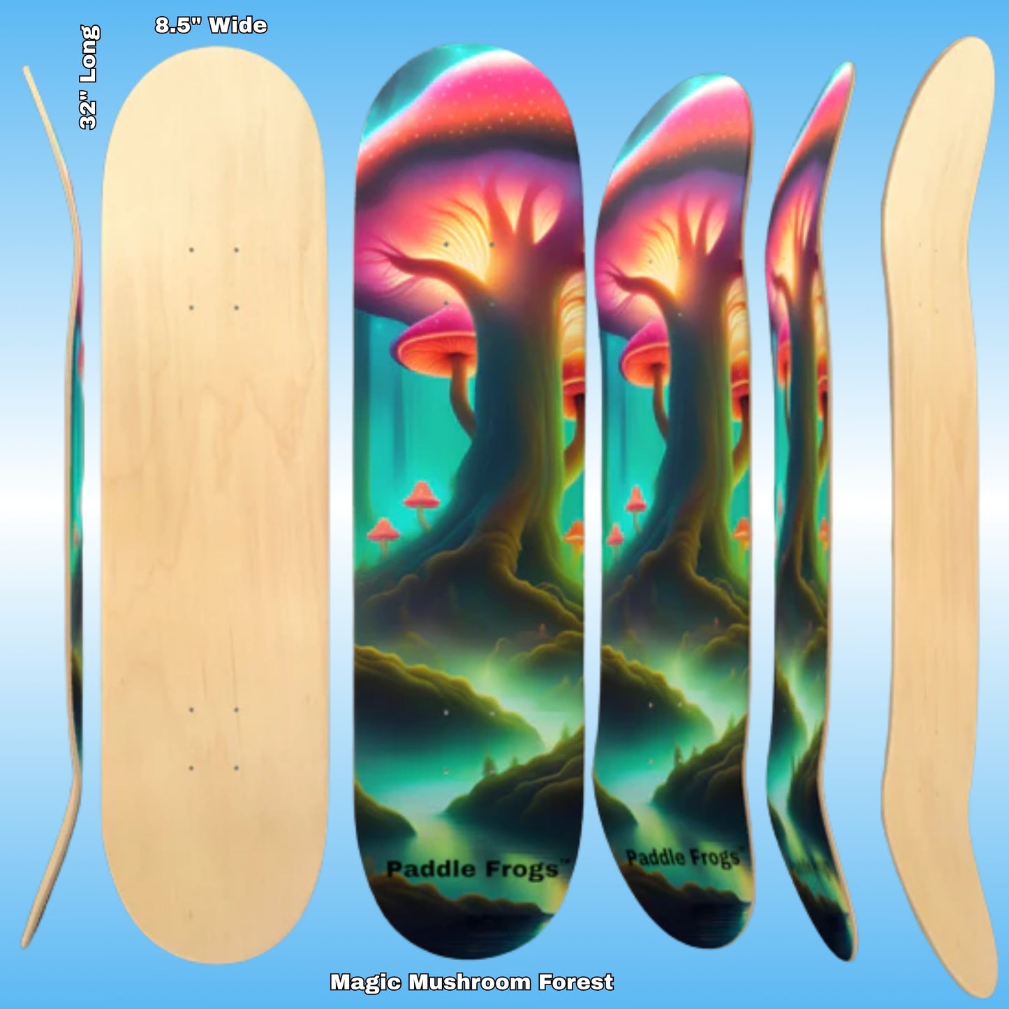 Magic Mushroom Forest - Paddle Frogs - skateboard | Colorful mushroom-themed skateboard deck with 'Paddle Frogs' branding on a blue background.