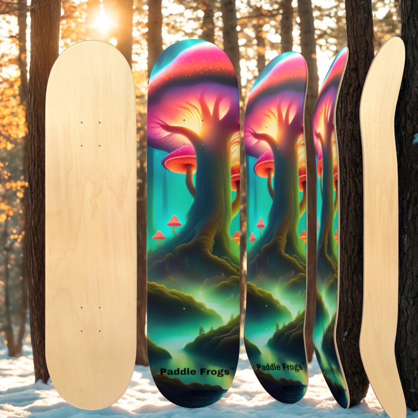 Iridescent pintail skateboard with a guitar design on a white background Paddle Frogs | Colorful mushroom-themed skateboard decks in a forest setting