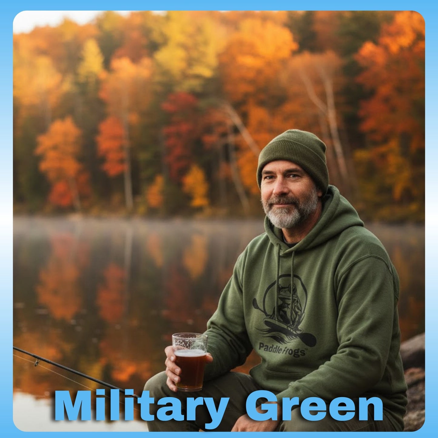 Man wearing Military Green | Paddle Frogs™ Soft Fleece Hoodie: Soft Fleece, Wild Soul (12 Colors)