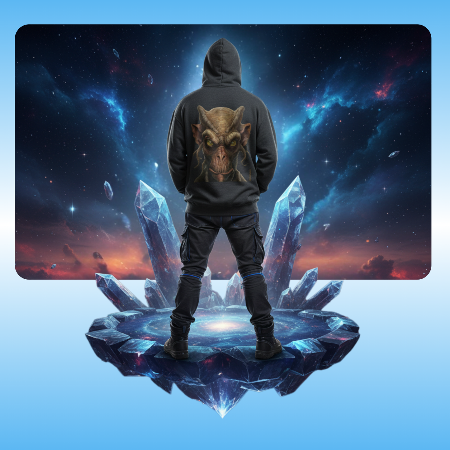 Molphunktzer Hoodie | Hooded Jacket by Paddle Frogs | Person wearing a hoodie with a dragon design in front of a fantasy landscape with crystals and a starry sky.