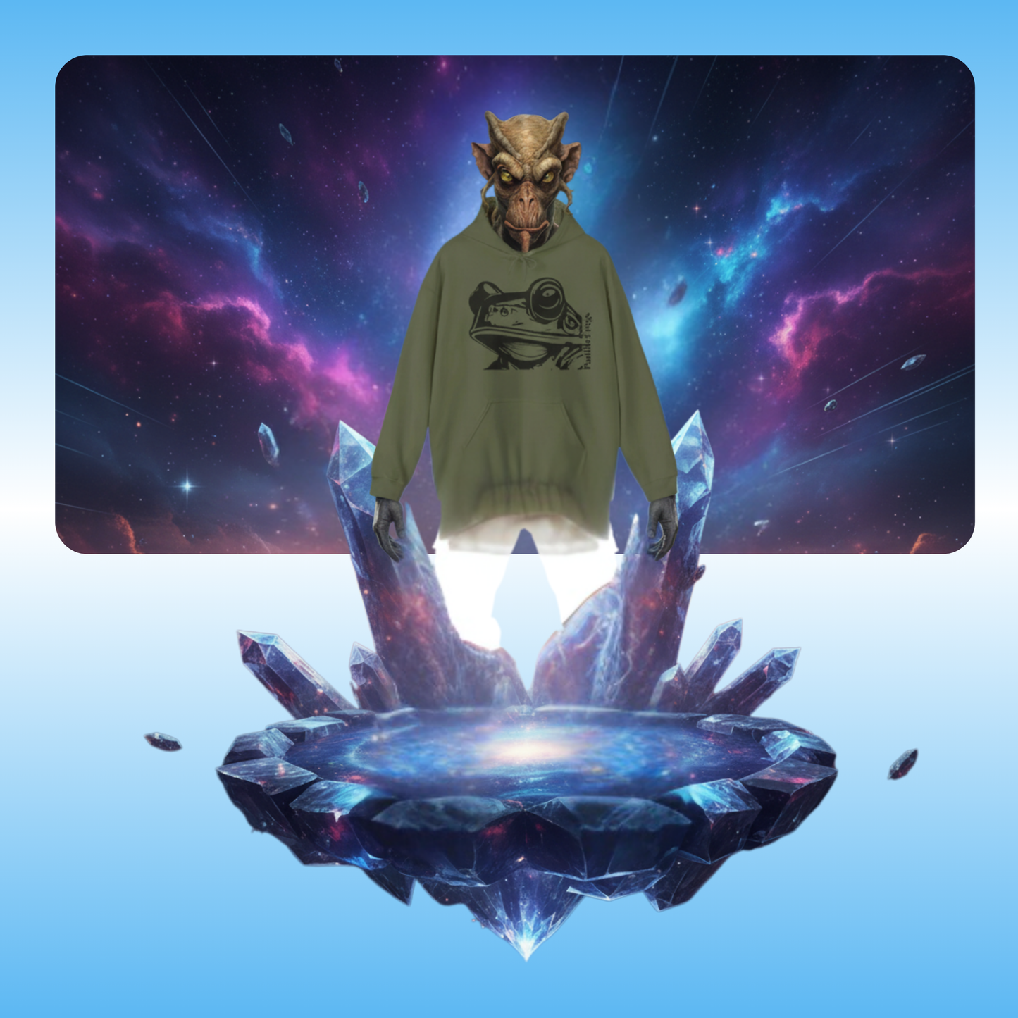 Molphunktzer Hoodie | Hooded Jacket by Paddle Frogs Front he wears the Frog Face Green | Surreal scene with a creature in a sweater on a cosmic background