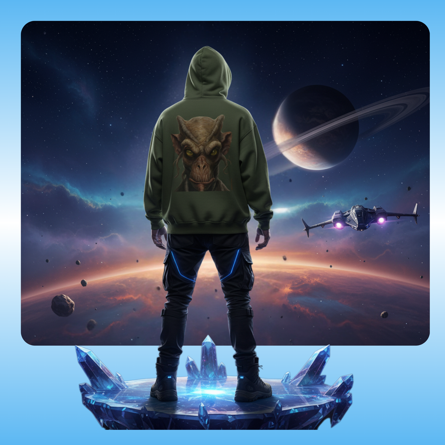 Molphunktzer Hoodie | Hooded Jacket by Paddle Frogs Front he wears the Frog Face Green aircraft planet | Person wearing a hoodie with a dragon design in front of a space-themed background with planets and a spaceship.
