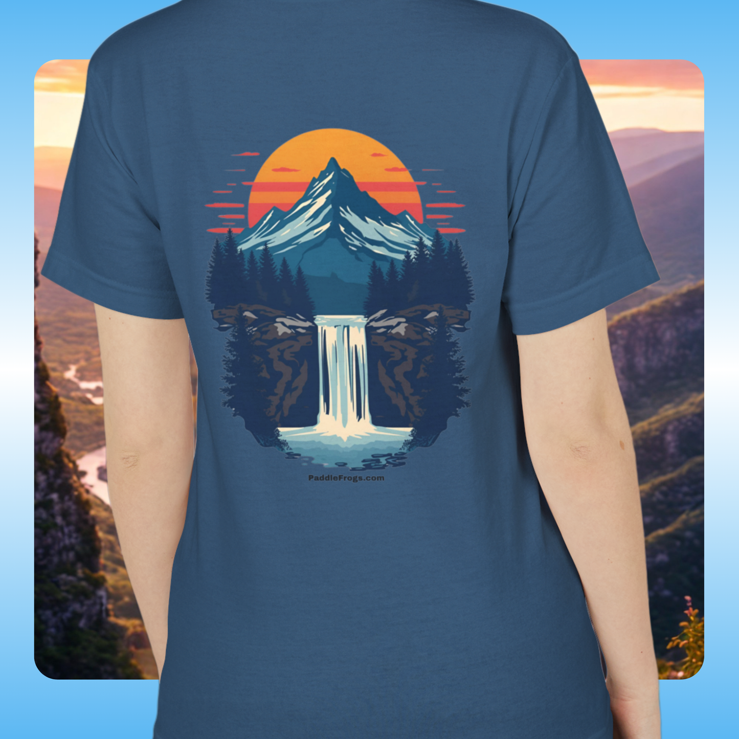 Mountain Waterfall Tee T-shirt | Paddle Frogs Pop Art worn by a woman | unisex faded navy (also available in faded black)