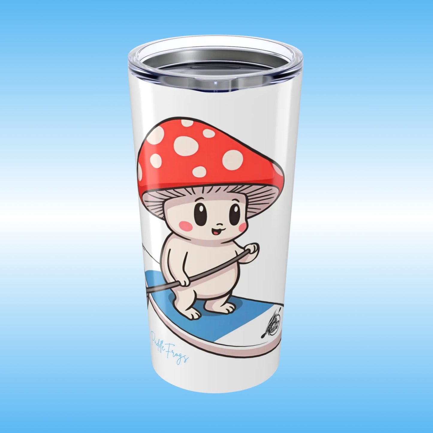 Mushroom Friend rides the Divine Escape paddle board | White Tumbler | Tumbler with a cartoon character wearing a red mushroom hat on a blue background by Paddle Frogs