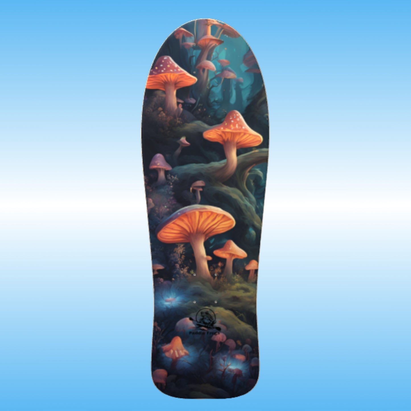 Mushroom Paradise - Paddle Frogs - bottom of the Skateboard Deck | Skateboard deck with mushroom design on a blue gradient background