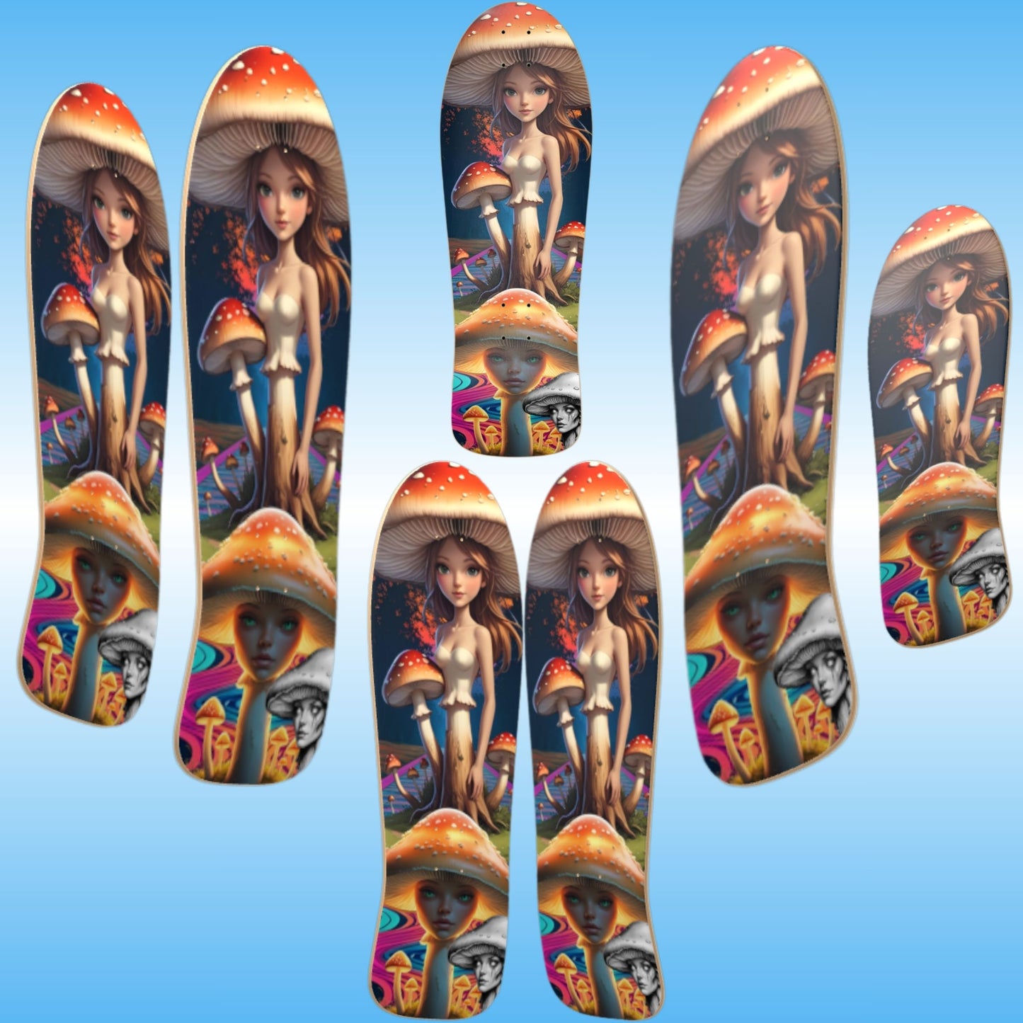 Mushroom Path | classic skateboard by Paddle Frogs pro skate shop an old school shape | Colorful mushroom and fairy design on a blue background