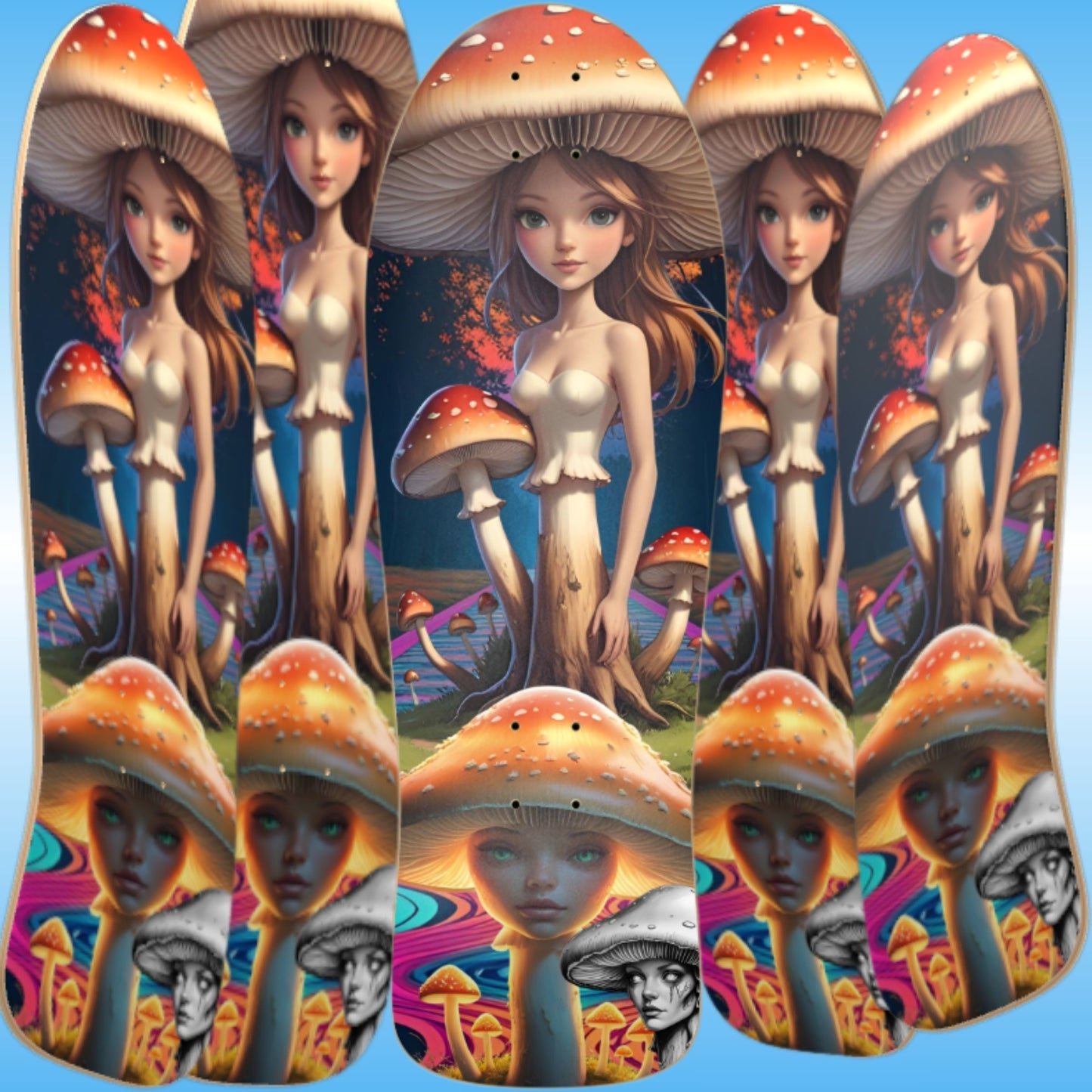 Mushroom Path | classic skateboard by Paddle Frogs pro skate shop an old school shape (5 angles)