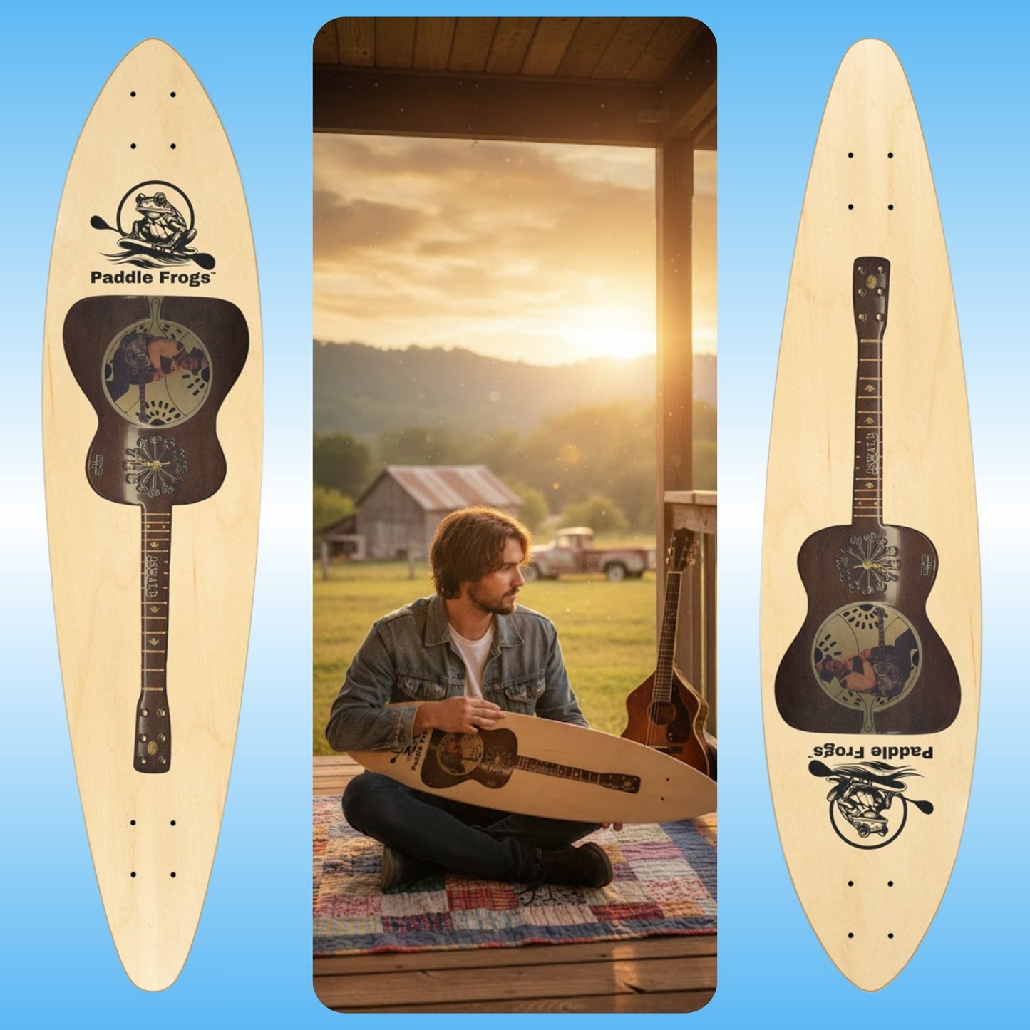 Skateboard with guitar design and 'Paddle Frogs' branding, shown from multiple angles with a scenic background.
