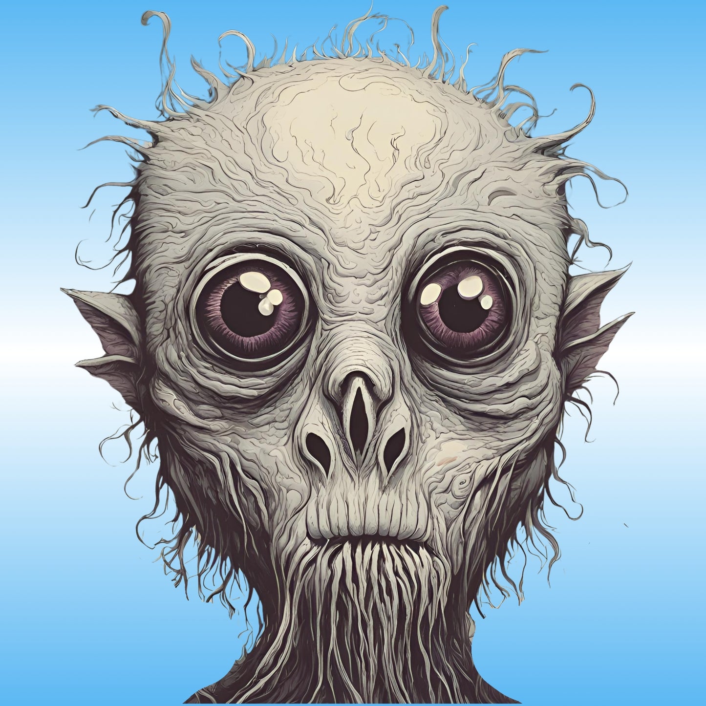 Mute | Gold skateboard deck by Paddle Frogs who is mute | Close-up of a detailed alien head with large eyes and textured skin on a blue background