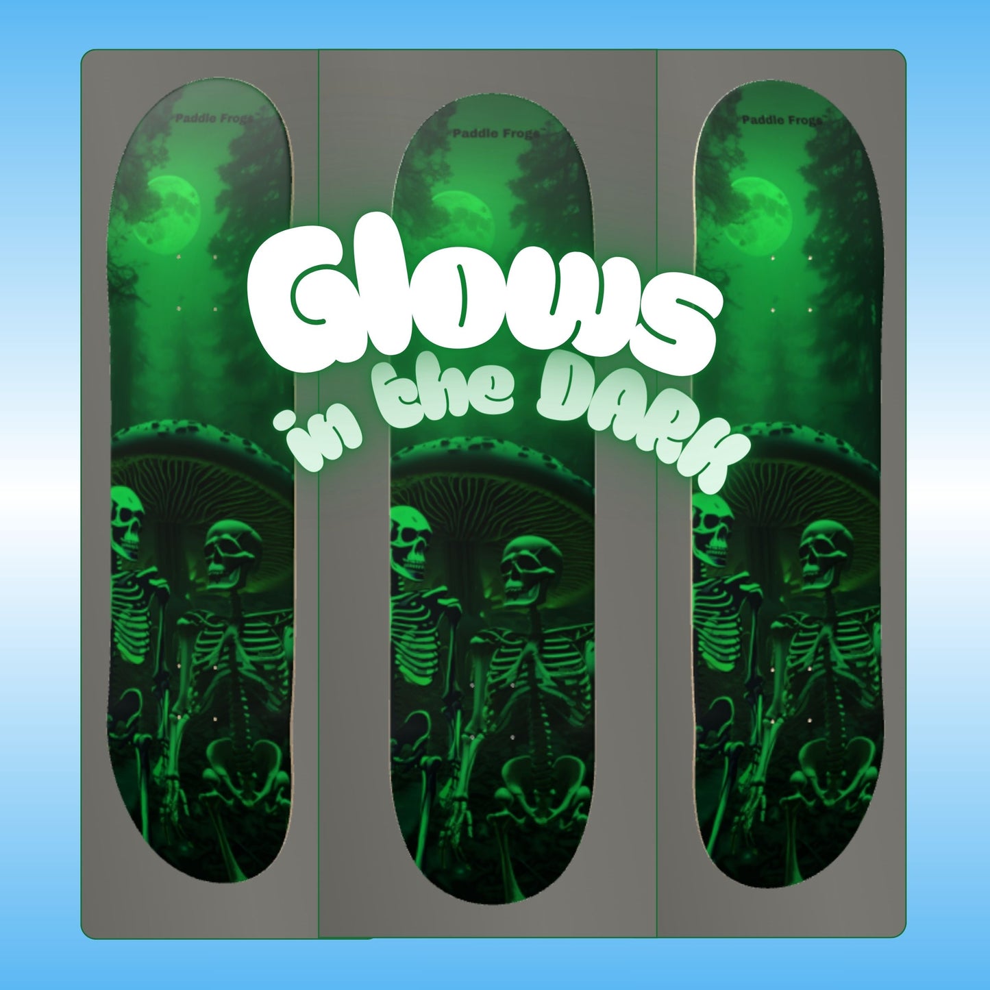 Nighttime Nonsense glow in the dark skateboard deck by Paddle Frogs | Three angles of a skateboard deck with skeletons and 'Glow in the Dark' text on a blue background